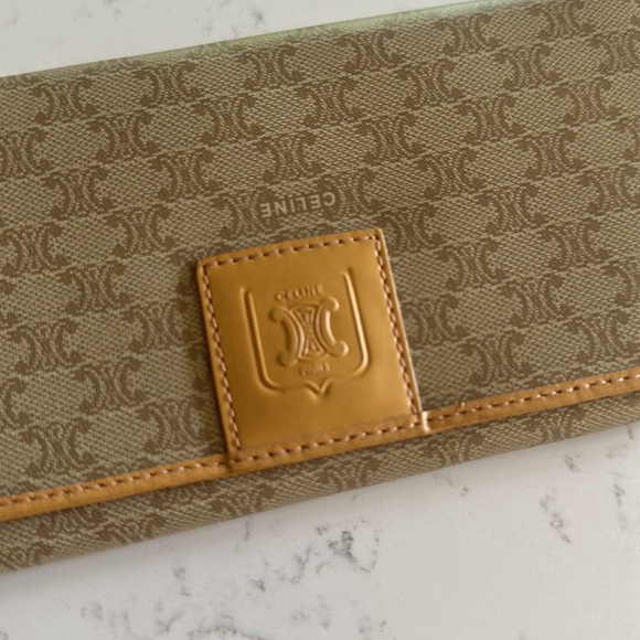 Celine Macadam Pattern Bi-Fold Long Wallet PVC & Leather Beige Tea Brown. - Picture 2 of 9